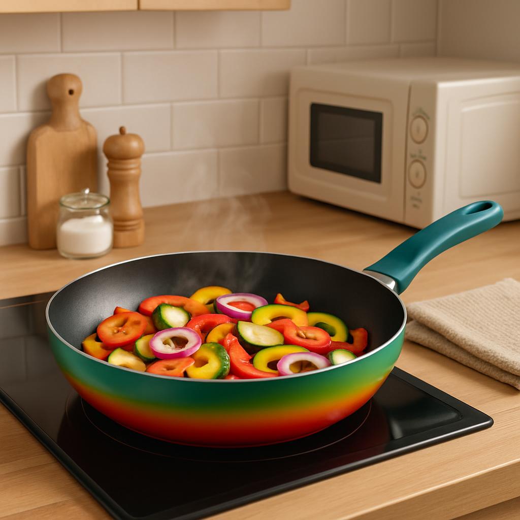 A kitchen scene with a frying pan containing vegetables on an electric stove, a microwave in the background, and various k...