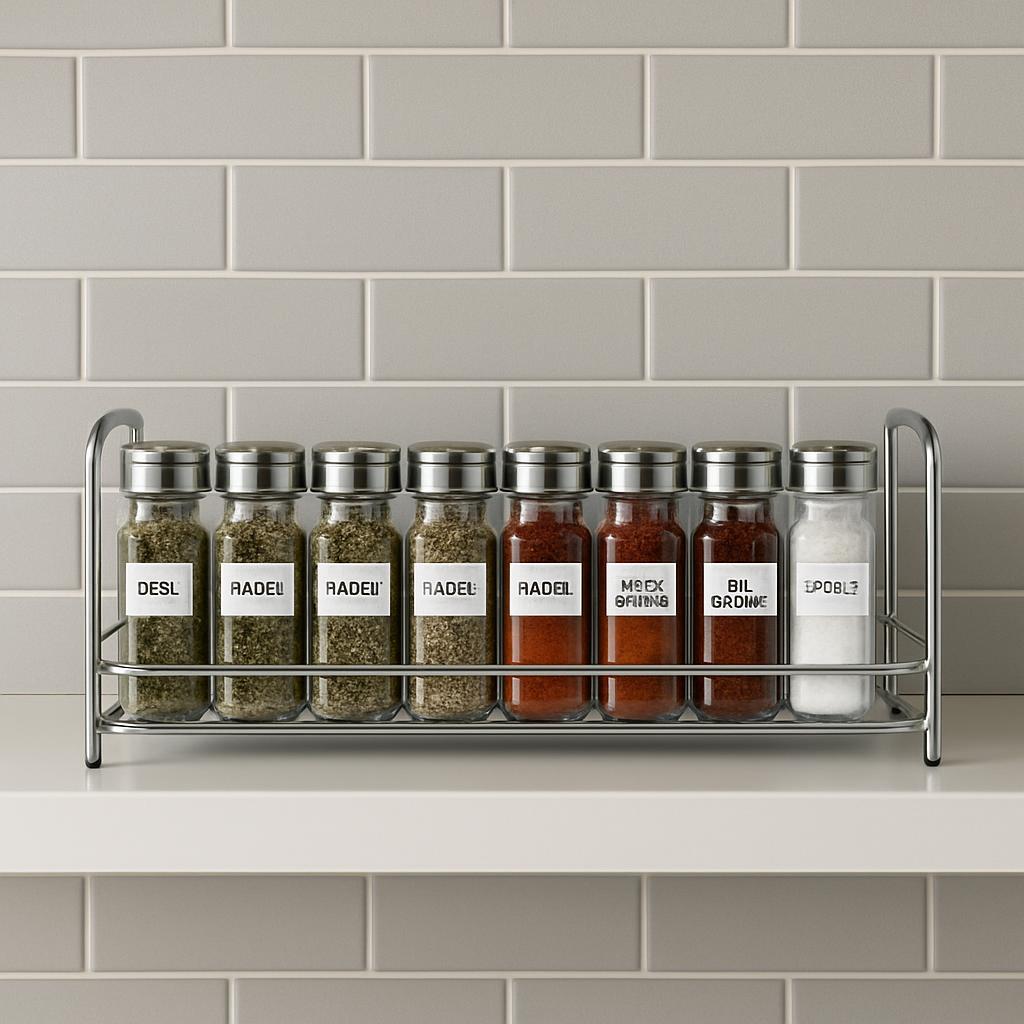 A metal spice rack with glass spice jars containing various spices, arranged side-by-side on a countertop against a white ...