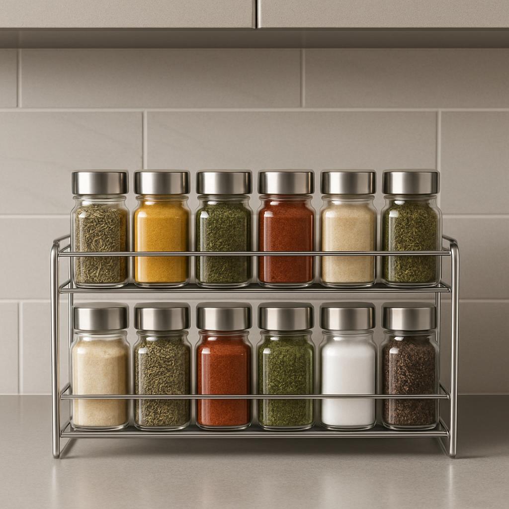 A sparkly two-tiered minimalist spice rack is filled with bottles of dried seasonings. These spices vary in color from tin...
