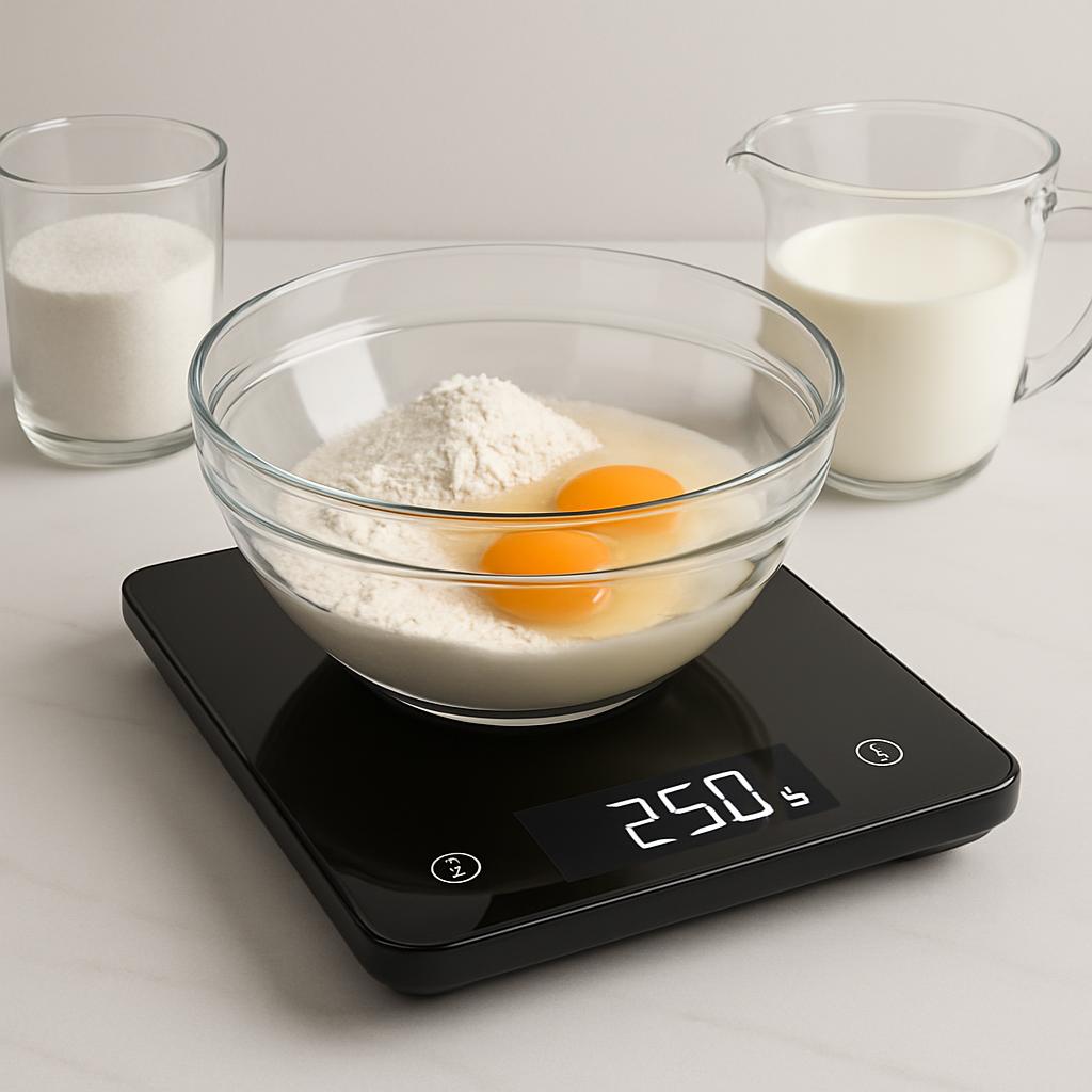 A close-up of digital kitchen scales on a gray table, with a bowl and preparing ingredients underneath. The glass bowl is ...