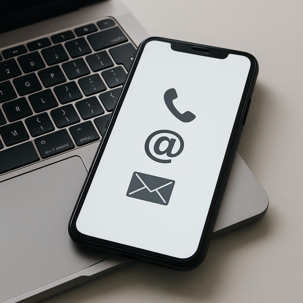 Image description: Smartphone displaying contact icons atop a laptop keyboard.