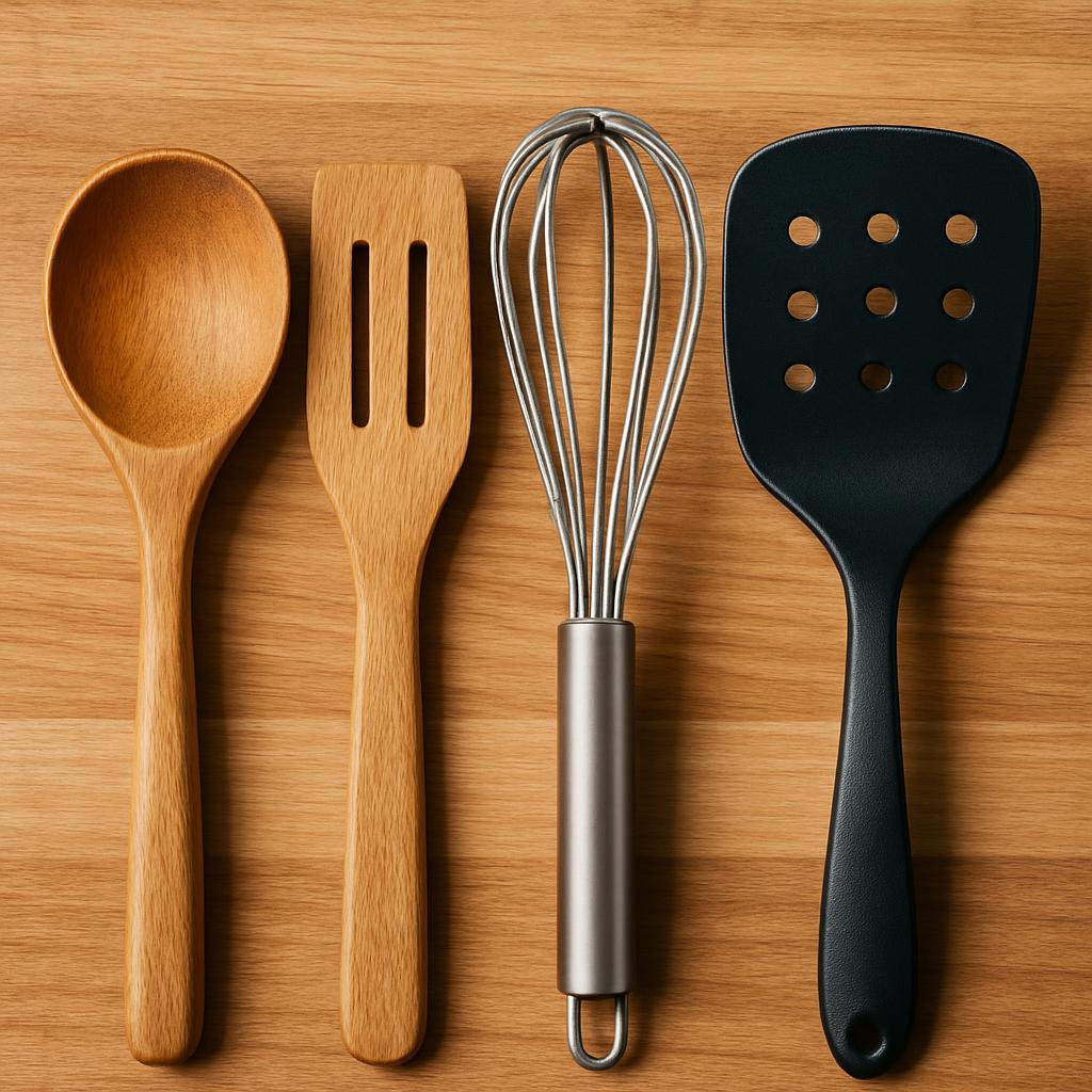 A set of kitchen utensils arranged in a row on a wooden surface, including a large wooden spoon, a small wooden slotted sp...