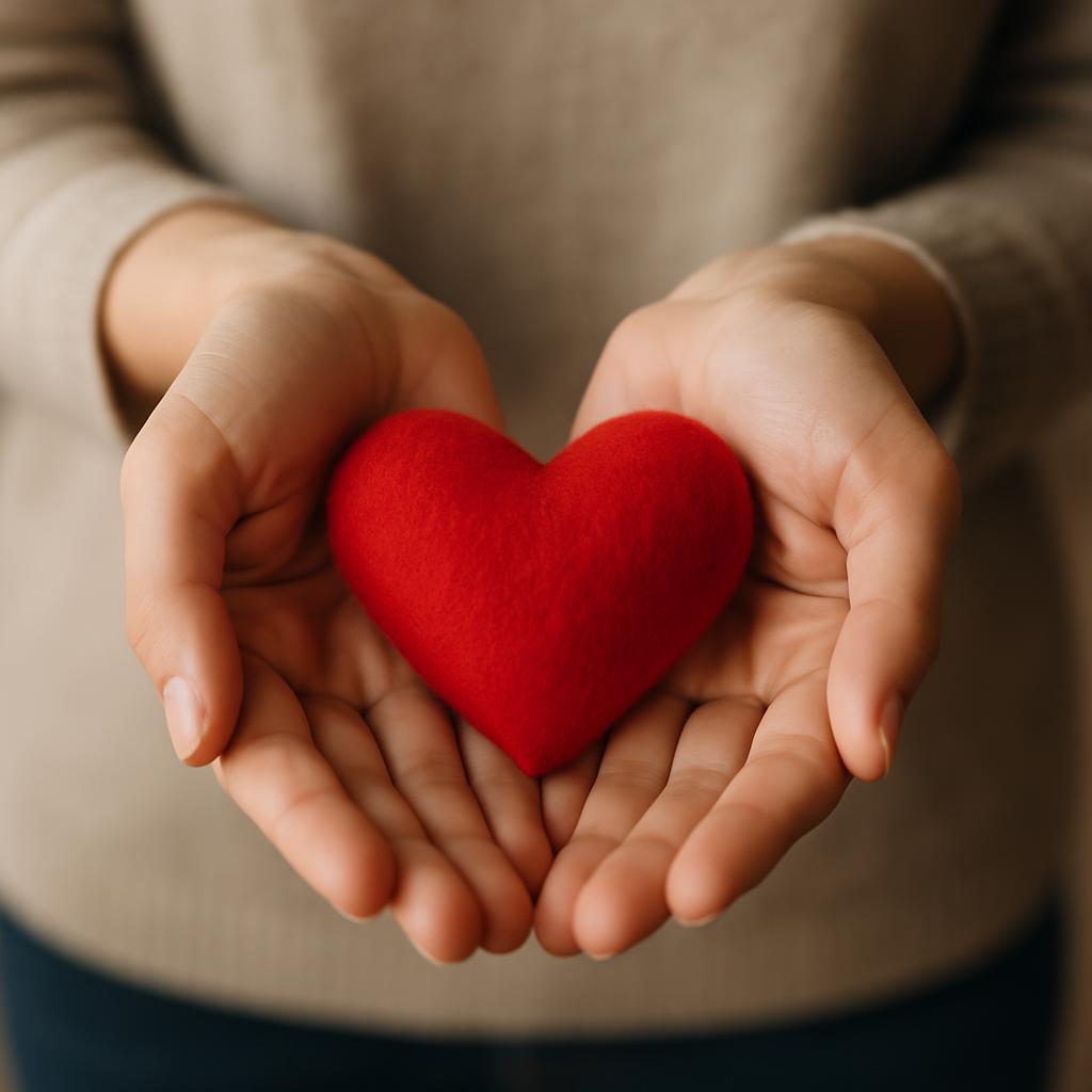A pair of cupped hands in the center of the image is holding a heart-patterned red fabric.