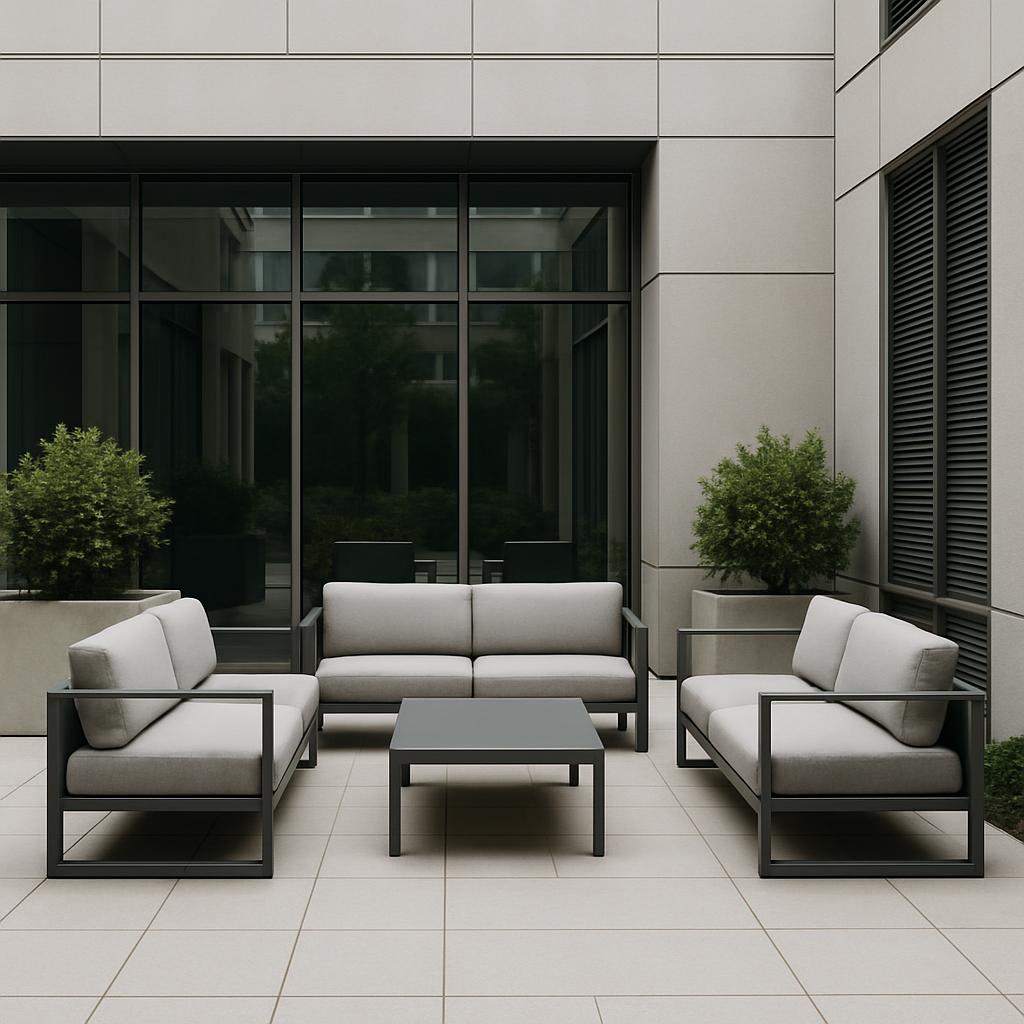 This image features three off-white chairs and a matching table arranged in a seating configuration on the tile floor of a...