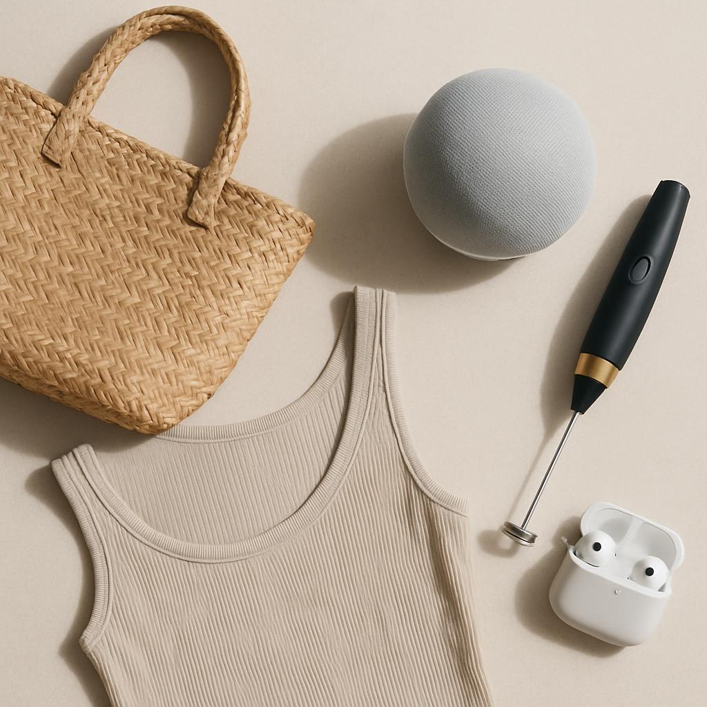 Some of the visible items include the woven bag, tank top, wireless earbuds and charging case, and wireless micro mixer. T...